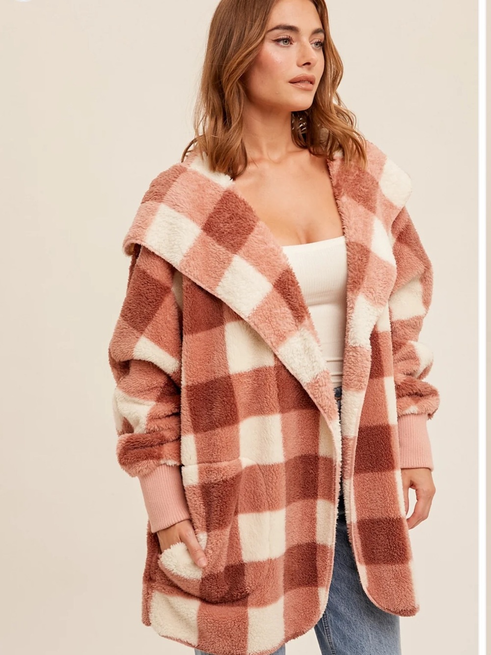 Plush Hooded Check Sherpa Cardigan - Mauve & Cream
